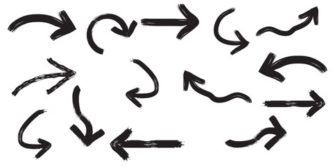 Ink brush black and white arrows. Brush stroke set of black arrows. Vector Grunge Arrows Collection. 