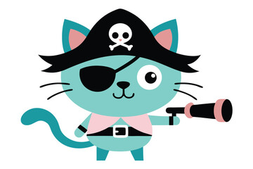 Whimsical pirate cat with an eyepatch holding a telescope