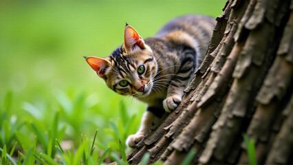 An image of a cat exploring the outdoors, climbing a tree, or stalking prey, showcasing its natural instincts.