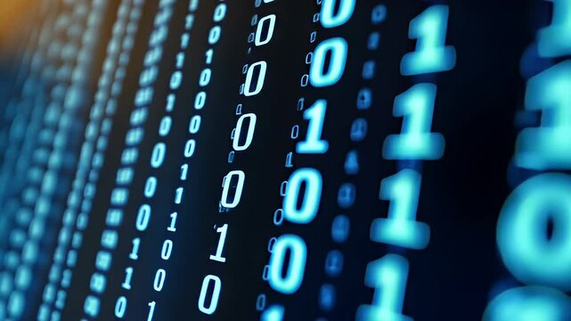 Abstract Binary Code Displaying Blue Illuminated Digits Against Black Background