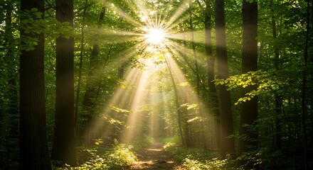 Sunbeams Bursting Through Forest Canopy Illuminating a Serene Woodland Path