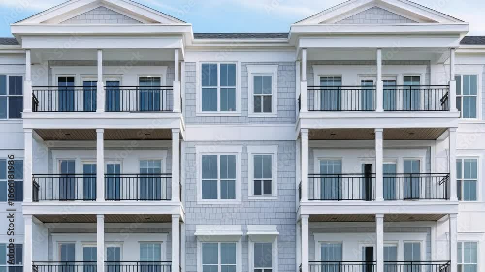 Poster A large white building with multiple levels of balconies, each with its own set of balconies