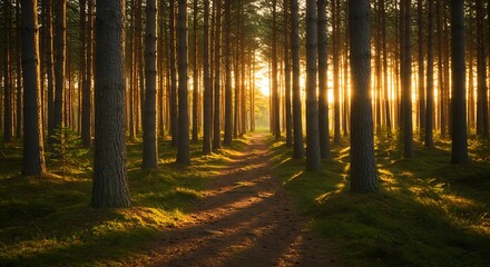 Fototapeta premium Sunlit Forest Path: Golden Hour Sunlight Illuminating Tall Trees and Mossy Ground