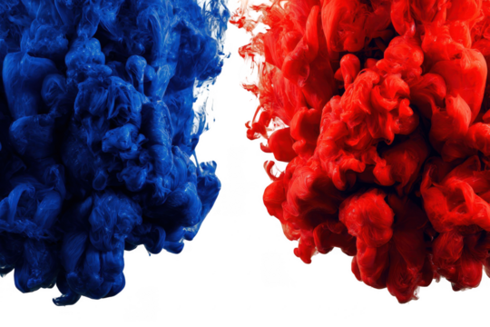 Abstract mix of blue and red ink swirls