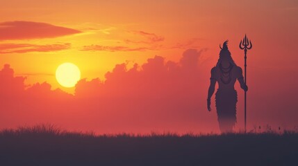 Fototapeta premium Silhouette of a Hindu god walking at sunset.