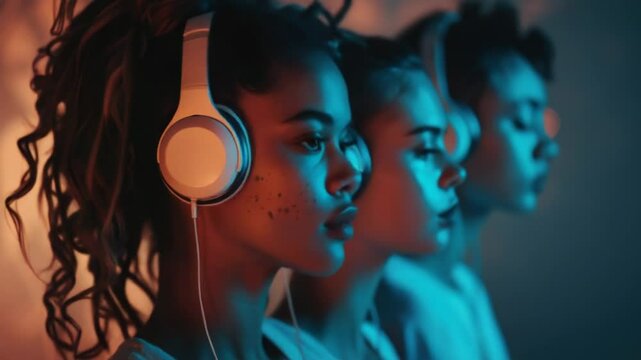 People with headphones standing in front of a wall, informative description