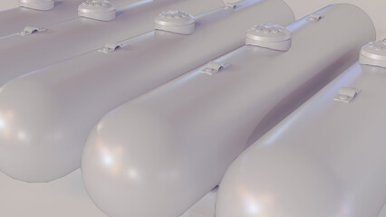 A 3d rendering of large, horizontally oriented propane tank, designed for industrial or commercial use rather than typical residential grilling.