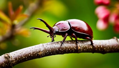 Naklejka premium A close-up of a red rhinoceros beetle on a branch. The beetle has prominent horns and a shiny exoskeleton. The background features blurred green foliage and pink flowers.