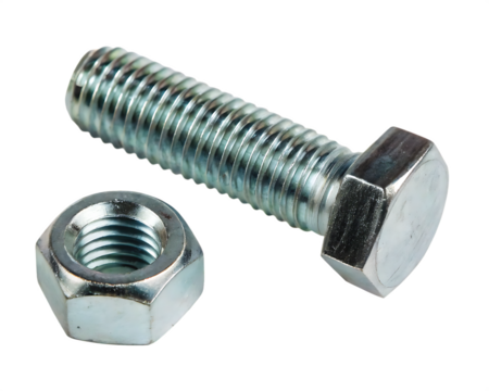 Hexagonal metal fastener and nut isolated on a transparent background