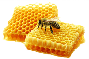 Honey bee on golden honeycomb isolated on a transparent background