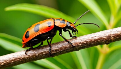 A vibrant red and black beetle crawls on a twig surrounded by lush green foliage. The insect displays distinct markings and a shiny exoskeleton.