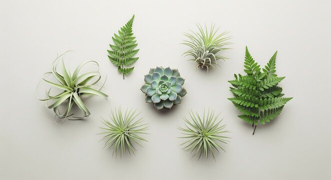 Overhead arrangement of succulents air plants and fern leaves on a neutral background