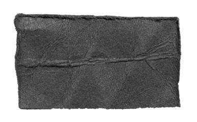 Isolated cut out torn piece of black paper note cardboard with rough texture and copy space for text, transparent png background design element