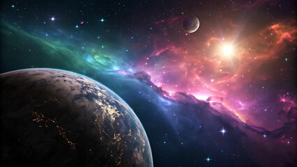 Obraz premium Celestial Tapestry A Cosmic Dance of Planets Stars and Nebula Painting a Breathtaking Vista of the Universe's Infinite Beauty