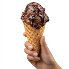 Hand holding a delicious chocolate ice cream cone with rich chocolate syrup drizzled on top isolated on white background