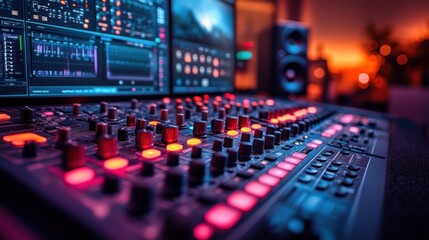 Close-up view of a professional audio mixing console.