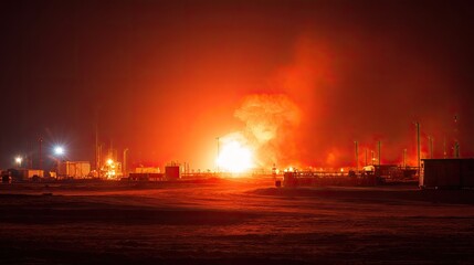 Intense Nighttime Industrial Explosion with Red Flames