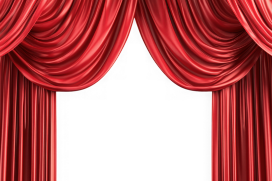 Elegant red stage curtains drapes theater velvet fabric texture backdrop decoration show performance isolated on transparent background