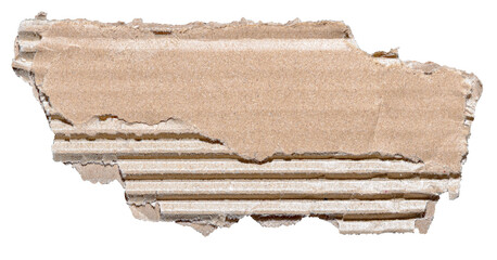 Isolated cut out torn piece of brown corrugated cardboard paper with texture and copy space for text, transparent png background design element