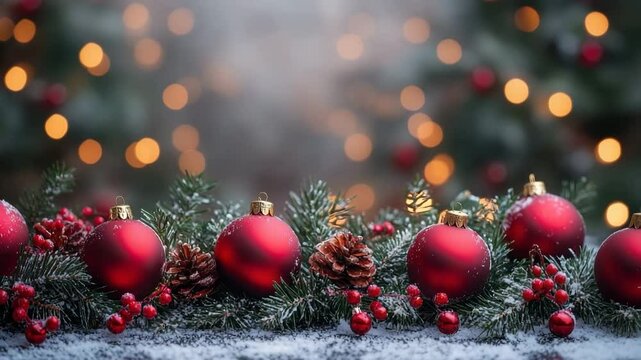 Red Christmas ornament pinecone snow berries evergreen decoration festive holiday winter with glowing lights creating warm cozy atmosphere and beautiful seasonal celebration scene