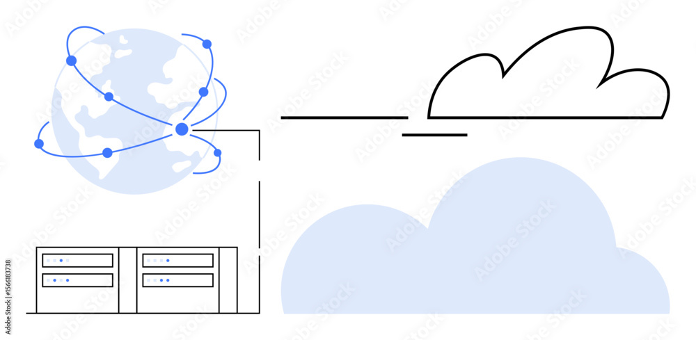 Poster cloud icon connected to a global network, linked to two server units illustrating data storage and t