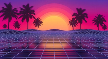 Naklejka premium Retro wave aesthetic featuring palm trees and a grid landscape at sunset with purple and orange colors