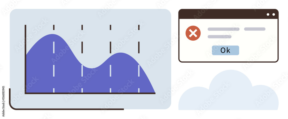 Poster chart with wavy data line, error warning window containing ok button, cloud shape. ideal for technol
