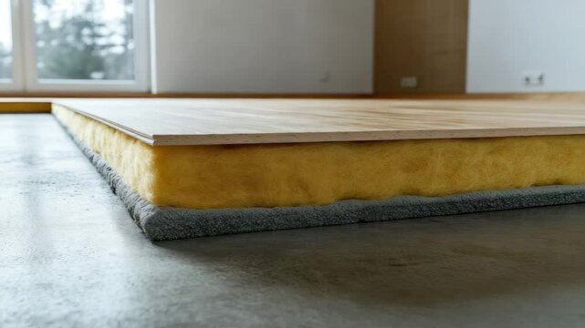 Close up wooden floor insulation with yellow fiberglass and gray underlay on concrete floor showing construction detail and texture for home improvement renovation building material interior underlay