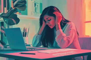 A 25-year-old Indian woman at her desk, visibly overwhelmed