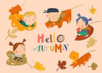 Cute Cartoon Boys and Girls flying on Autumn Leaves