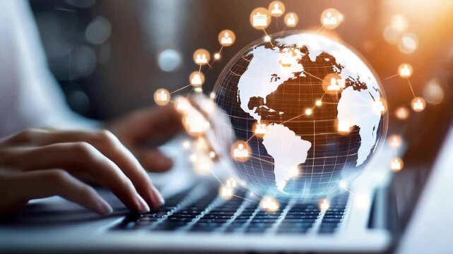 Global digital network connection with social media icons and human hand typing on laptop keyboard symbolizing worldwide communication technology innovation and glowing digital globe connectivity - Powered by Adobe