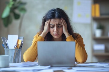 A realistic, emotional photo of a 25-year-old Indian woman struggling with stress, sitting in a minimalist pastel office