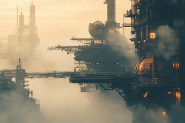Industrial steampunk cityscape showcasing intricate machinery and atmospheric fog at dusk, Industrial Steampunk Cityscape with Heavy Machinery and Fog