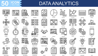 Data Analytics icon collection set. Containing Data, analytics, Dashboard, Reporting, Pie Chart, Bar Chart icon