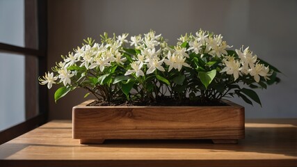 Elegant indoor bonsai jasmine arrangement in sunlit wooden planter box