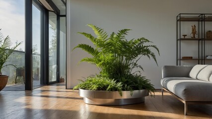 Modern living room with stylish indoor fern decor and large windows for natural light