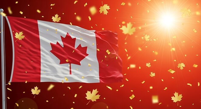 Canadian national flag waving in sunlight with maple leaves background