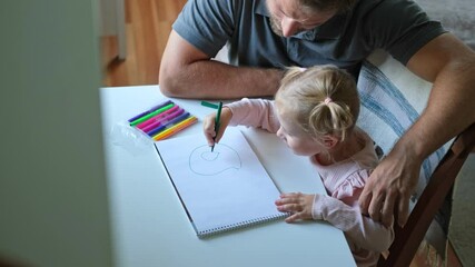 Father doing art with son and daughter. Daddy and his children coloring together. Brutal bearded dad and young kids drawing at home having fun at home. Happy family time. Real authentic lifestyle - Powered by Adobe