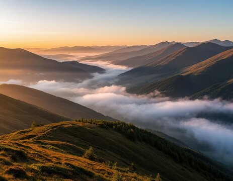 foggy sunrise in the mountains. landscape nature beauty.