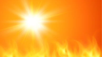 Sunny background, orange sun with fire flames and lens flare, hot weather concept, hot summer background illustration.