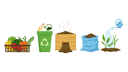 Educational compost life cycle illustration showing food scraps turning into compost, fertilizer, and growing new plants. Ideal for eco-learning, farming, and sustainability topics.