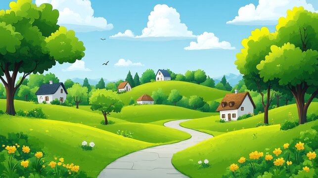 A picturesque landscape of rolling hills and charming houses.