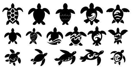 Sea turtle silhouettes with tribal patterns and wave designs set