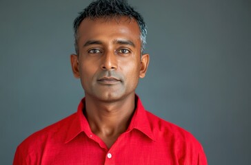 Obraz premium Close-up portrait of a handsome short-haired Indian man in a vibrant red shirt