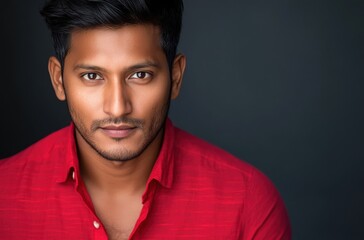 Fototapeta premium Close-up portrait of a handsome short-haired Indian man in a vibrant red shirt
