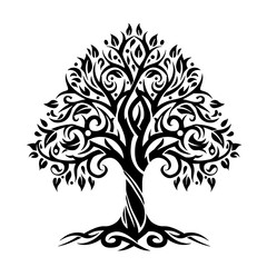 Obraz premium Tribal tree illustration in bold black lines, symmetrical design, sharp flowing patterns on white background