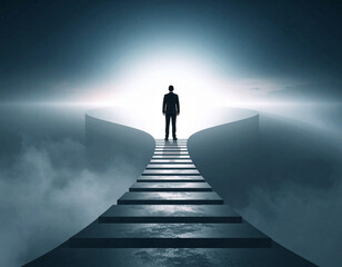 A full-body silhouette of a man stands at the top of a long, wide staircase that curves upwards into a brilliant, ethereal light on the horizon, surrounded by mist or clouds. Ideal for themes of futur