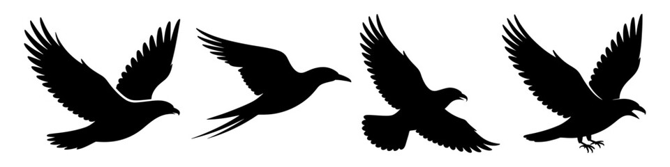 Obraz premium Flying bird silhouettes set with spread wings on white background