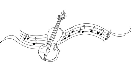 Monoline vector illustration of violin and musical notes, continuous thin black lines, minimalistic and elegant style, white background