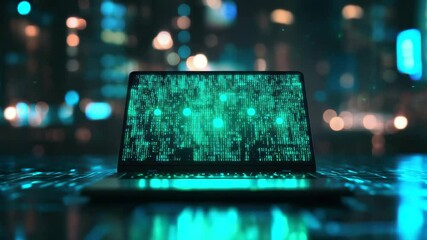 Futuristic laptop with glowing green digital code on screen in dark cityscape at night creating mysterious high tech atmosphere with blurred lights reflections and advanced technology - Powered by Adobe